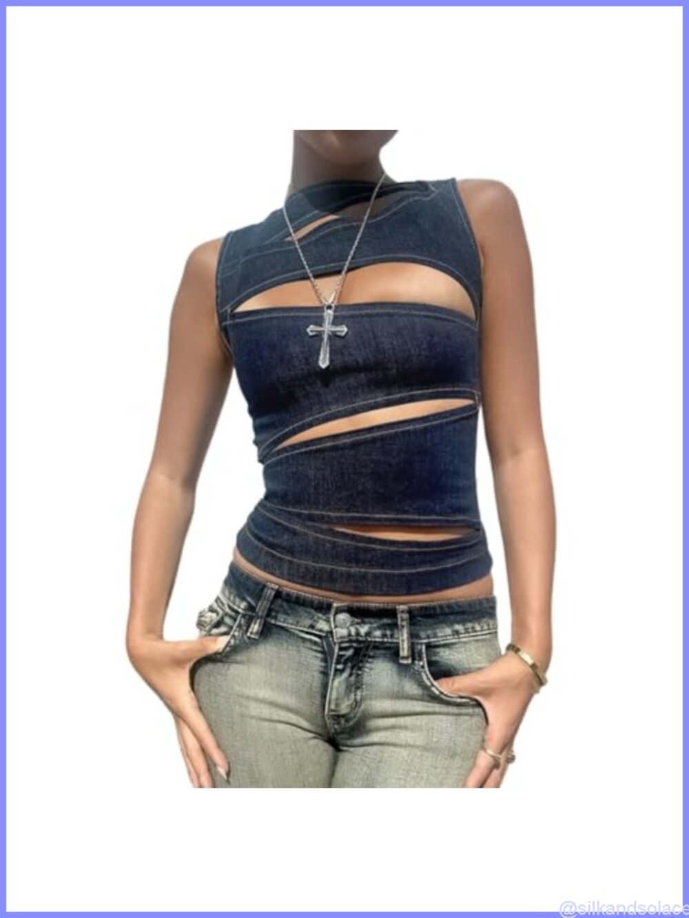 Women's Sleeveless Denim Crop Tank Top Back Zipper Hollow Out Clubwear